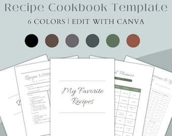 Può includere: Un modello di ricettario stampabile con sei opzioni di colore. Il modello include sezioni per ricette, pianificazione dei pasti e conversioni e suggerimenti. Il testo "Le mie ricette preferite" è in evidenza sulla copertina.