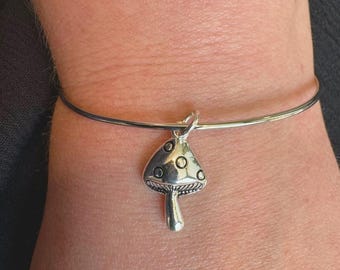 Mushroom Charm Bangle Bracelet, Hippy Jewelry, Rhodium Plated Cuff