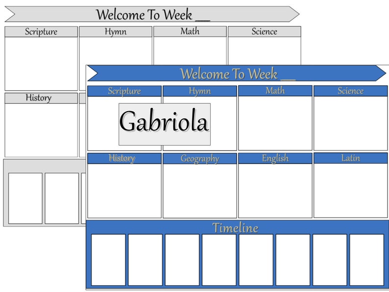 K&ouml;nnte beinhalten: Ein blauer und wei&szlig;er Wochenplaner mit dem Titel "Welcome To Week" und dem Namen "Gabriola" in gro&szlig;er Schrift. Der Planer ist in Abschnitte f&uuml;r verschiedene F&auml;cher unterteilt, darunter Schrift, Hymne, Mathematik, Naturwissenschaften, Geschichte, Geographie, Englisch und Latein. Es gibt auch einen Abschnitt f&uuml;r eine Zeitleiste.