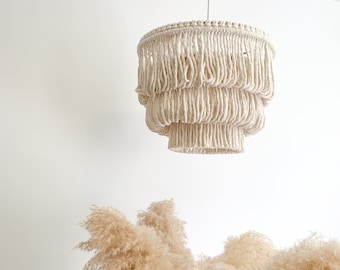 Boho Light Fixture, Fringe Cotton Chandelier, Boho Lamp Shade, Beach Style Chandelier, Ceiling Light