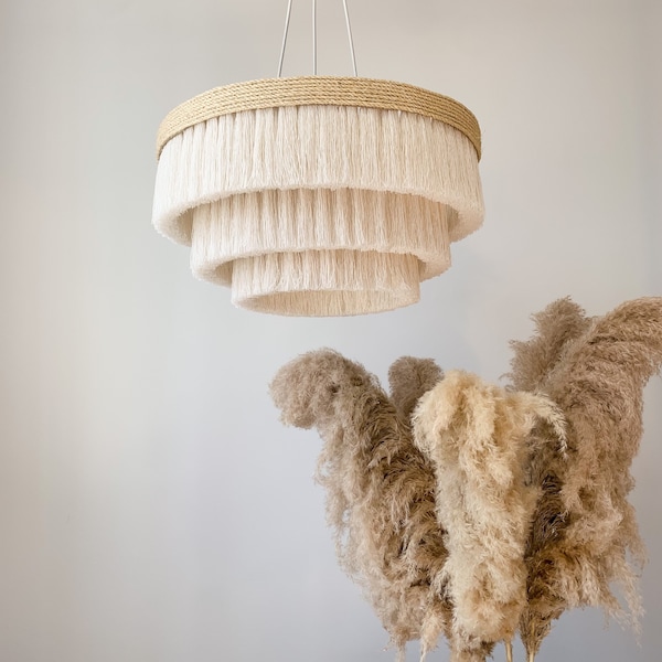 Natural Tiered Fringe Pendant Light, Boho Ceiling Chandelier, Bedroom & Nursery Hanging Light, Handcrafted Modern Light Fixture
