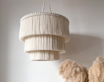 Boho Fringe Chandelier, Cotton Pendant Light, Fringe Light Fixture, Tassel Lamp Shade, Nursery Lighting