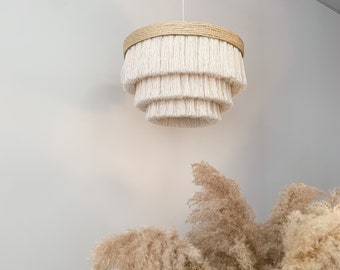 Boho Light Fixture, Fringe Cotton Chandelier, Boho Lamp Shade, Beach Style Chandelier, Ceiling Light