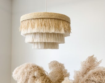 Luminaire bohème suspendu style plage en sisal gras et coton, suspension lustre