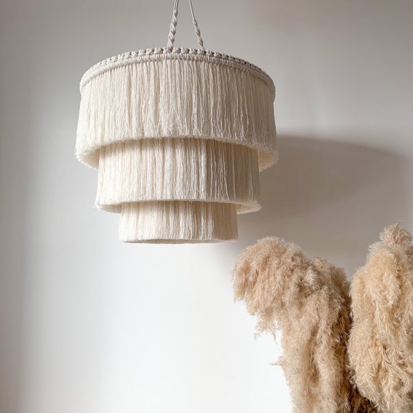 Boho Fringe Chandelier, Cotton Pendant Light, Fringe Light Fixture, Tassel Lamp Shade, Nursery Lighting