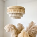 Boho Chandelier Light Fixture, Fringe Pendant Ceiling Light, Natural Cotton Fiber Sisal Grass Shade, Coastal Lighting, Beachy Home Decor