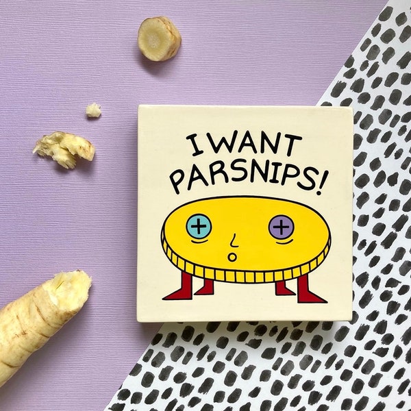 Parsnip Coin - hand painted original acrylic art on wooden canvas, Weird, silly and unusual art, 4x4 inches, Adapted from husband’s doodles