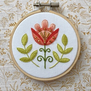 Small peach flower embroidery with gold beads, 3.5 inch/10cm, Original hand embroidery, Slovak folk ornament, European folk art