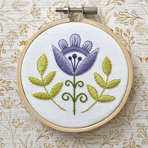 Small purple flower embroidery, 3.5 inch/10cm, Original hand embroidery, Slovak folk ornament, European folk art