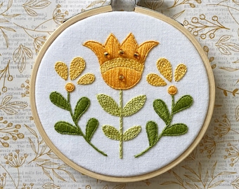 Small yellow flower embroidery with gold beads, 3.5 inch/10cm, Original hand embroidery, Slovak folk ornament, European folk art