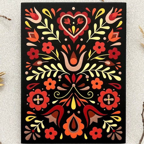 Hand painted original acrylic folk art, Painting on wood canvas, 6x8”, shops Slovak folk ornament, Fall floral design on black, European folk art