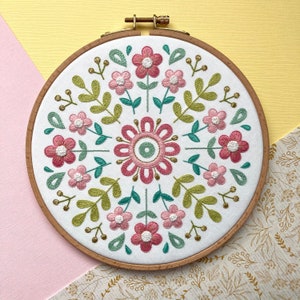 Large round floral folk hand embroidery, 7” hoop, Original embroidered Slovak folk art,  European folk art, Pink flowers