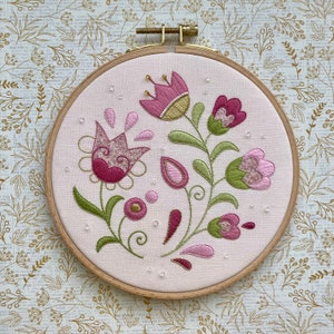 Folk flower embroidery, pink flower on peach background, Slovak folk art, European embroidery, 6.5” embroidered art &#39;