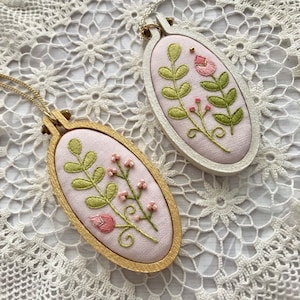 Embroidered floral folk oval pendant necklace with chain, miniature wearable embroidery, Slovak folk art, European folk, wearable art
