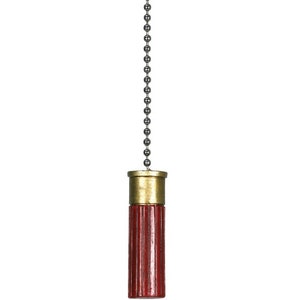 May include: A red and gold shotgun shell pull chain for a light fixture.