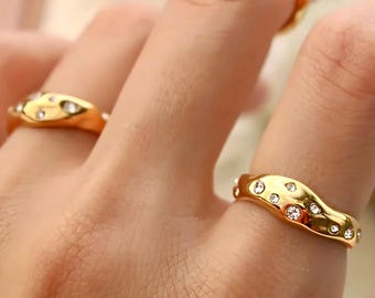 18K Gold Plated Ring Chunky Stainless Steel Waterproof Band with Sparkling Stones Tarnish-Free
