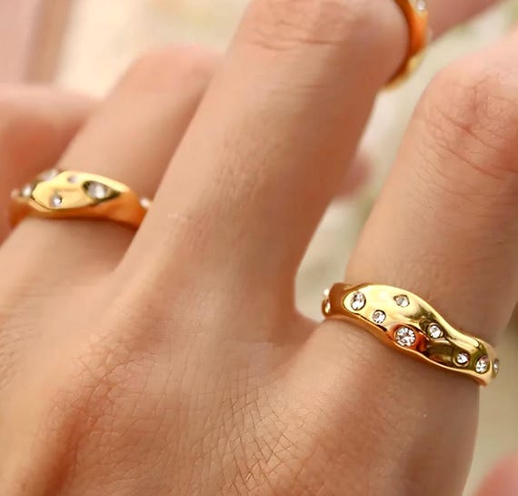 18K Gold Plated Ring Chunky Stainless Steel Waterproof Band with Sparkling Stones Tarnish-Free