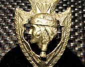 c.1920 Brass Scarf Closure in Shape of an Arrowhead with Native American Indian In Profile. Badge, Pendant, Girl Scouts