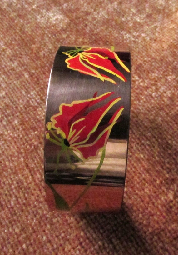 Vintage Copper Bangle with Hand painted Red Lily … - image 4