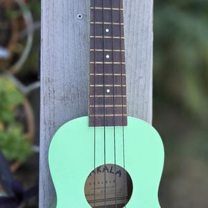 May include: A mint green ukulele with the word "MAKALA" on the headstock. The ukulele has a shark-shaped bridge and black strings. The instrument is leaning against a weathered wooden post.