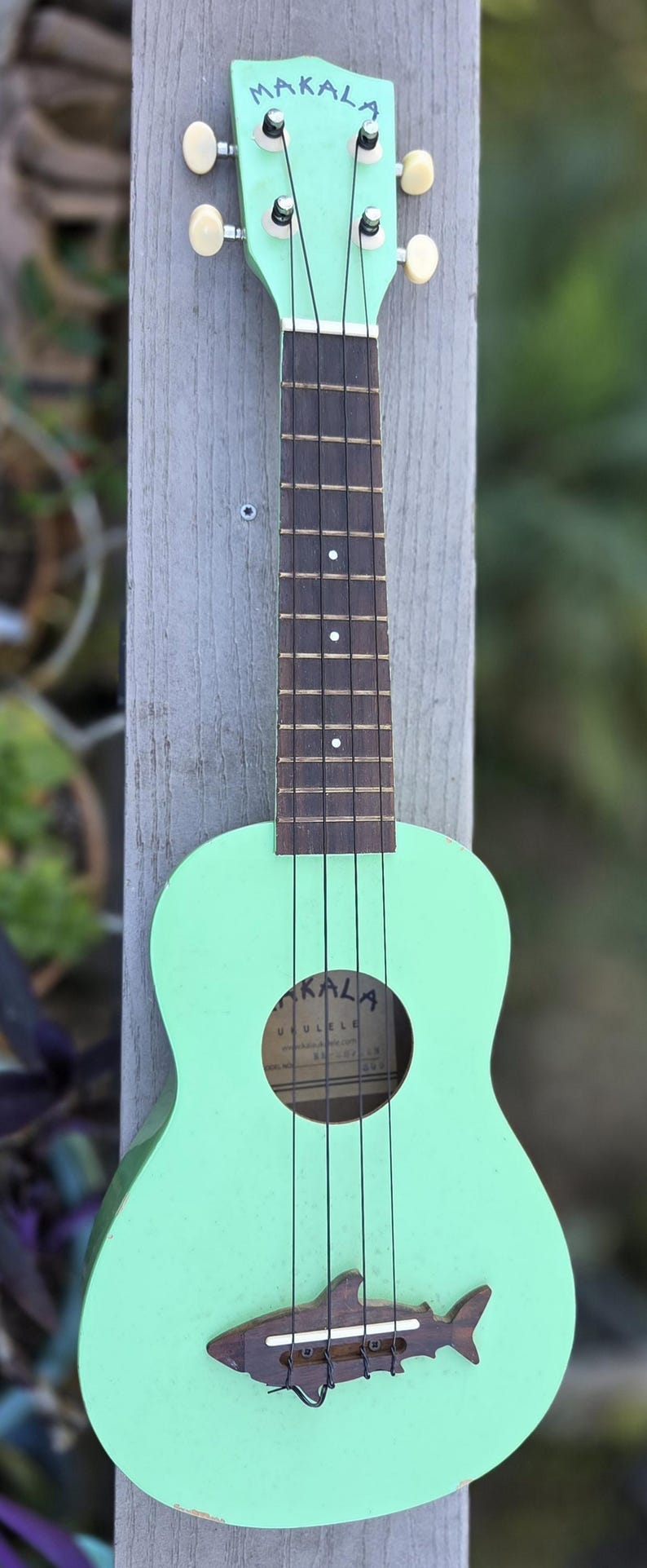 May include: A mint green ukulele with the word "MAKALA" on the headstock. The ukulele has a shark-shaped bridge and black strings. The instrument is leaning against a weathered wooden post.
