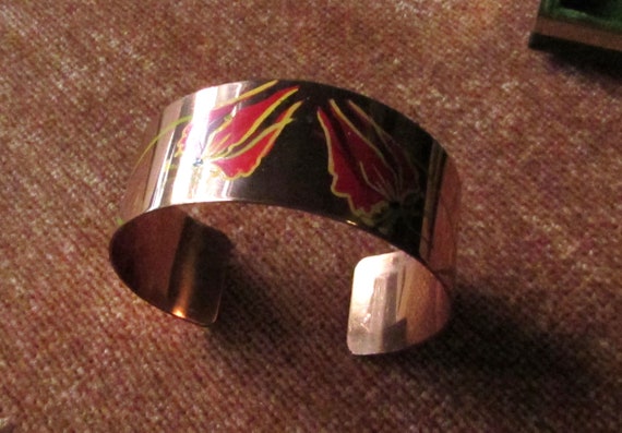 Vintage Copper Bangle with Hand painted Red Lily … - image 2