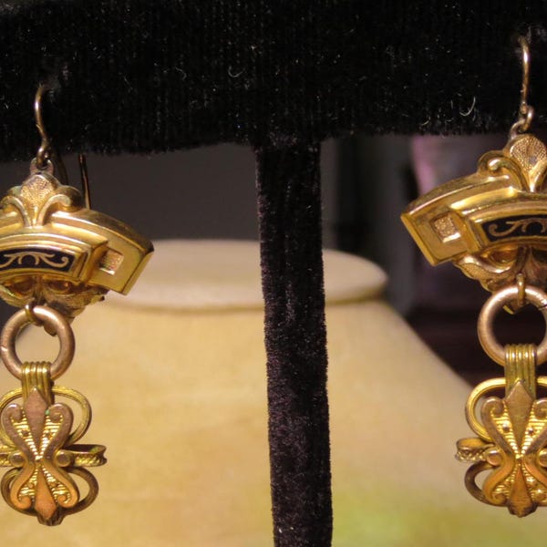 Antique Victorian Enamel Dangle Earrings Book chain 10k hooks Eastlake