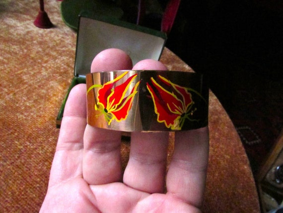 Vintage Copper Bangle with Hand painted Red Lily … - image 5