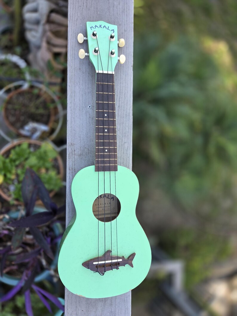May include: A mint green ukulele with the word "MAKALA" on the headstock. The ukulele has a shark-shaped bridge and four strings. The instrument is leaning against a wooden post, with greenery in the background.