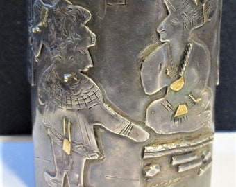 Wonderful 1920'sOne-of-a-kind Mexican Silver and Gold Cuff bracelet with applied Aztec Figures. Totally Unique and Fabulous Art.