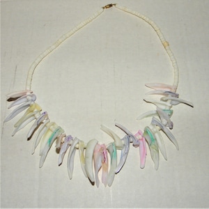 Puede incluir: Un collar artesanal con una cadena de pequeñas cuentas blancas y una serie de colgantes alargados con forma de concha. Los colgantes muestran una gama de colores pastel, incluyendo rosa, verde y amarillo, y están dispuestos simétricamente.