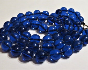 Antique Cobalt Blue Glass Strand of Beads Hand knotted.  Silver C Clasp. 32" c.1920