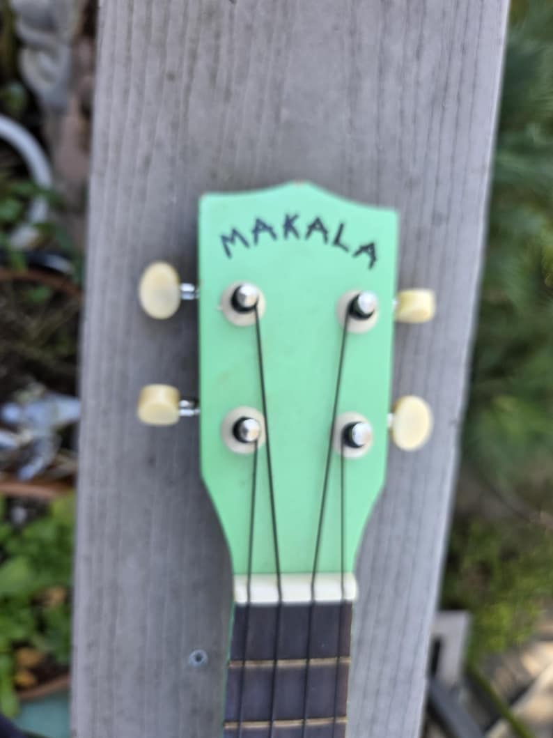 May include: Close-up of a ukulele headstock. The headstock is light green with the word "MAKALA" in black script. It has four tuning pegs with cream-coloured knobs and black strings. The fretboard is dark brown.