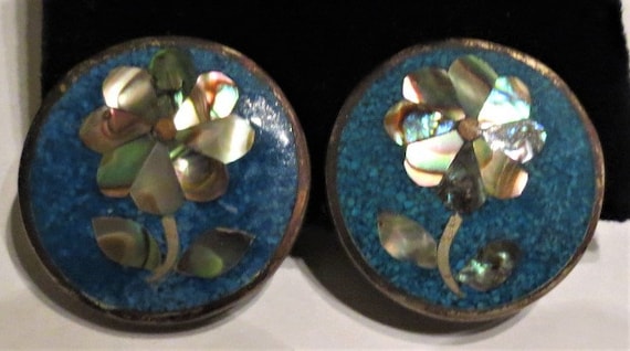 Pair of Vintage Abalone Rose Clip-on Earrings set… - image 1