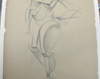 Graphite Drawing of Cubist Woman by Russian Artist Lyubov Popova~c.1915