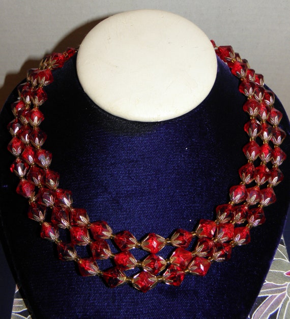 1960's Red and Gold Beaded 3-strand Necklace Very 