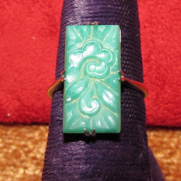 Unique Antique ring with Jade flower panel set in silver and 9k Gold. Size 5.5