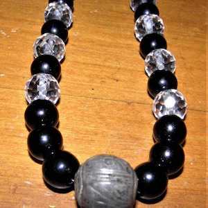Lovely Beaded Necklace of Onyx, Faceted Rock Crystal and Antique Chinese Silver