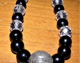 Lovely Beaded Necklace of Onyx, Faceted Rock Crystal and Antique Chinese Silver