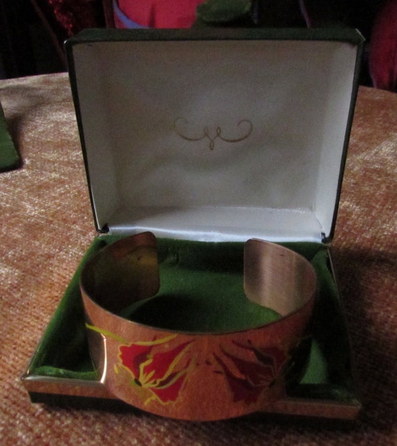Vintage Copper Bangle with Hand painted Red Lily Flowers