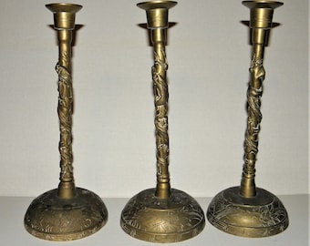 Set of 3 Vintage Brass Chinese Dragon Candle Sticks 10.5" tall