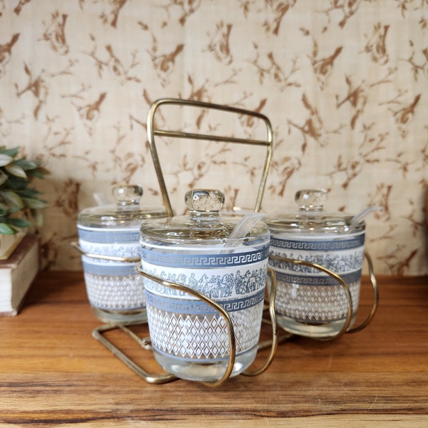 Vintage Jeanette Glass Patrician Blue White Greek Condiment BBQ Servers with Gold Caddy Carrier