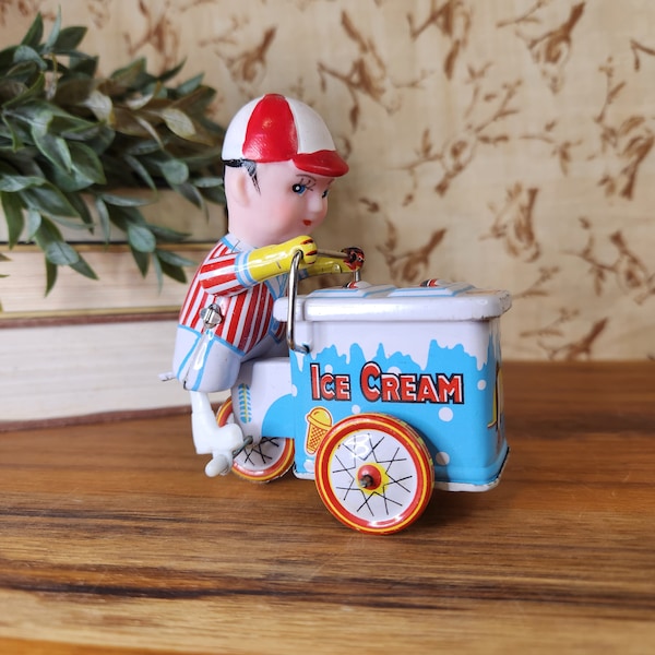 Vintage Ice Cream Boy Tin Wind-up Toy Bicycle Man Pedal Cart Vendor
