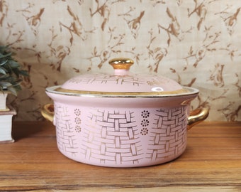 Vintage Pink and Gold Halls Superior Basketweave Casserole Dish Pot #76