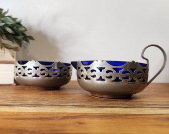 Vintage Cobalt Blue Glass and Silver Plated Cream and Sugar Bowl Set