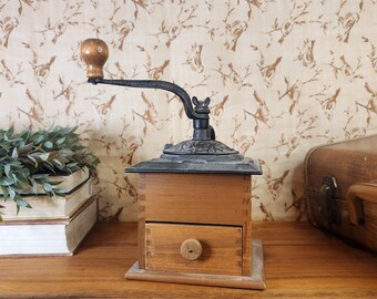 Vintage Wooden and Cast Iron Hand Coffee Grinder