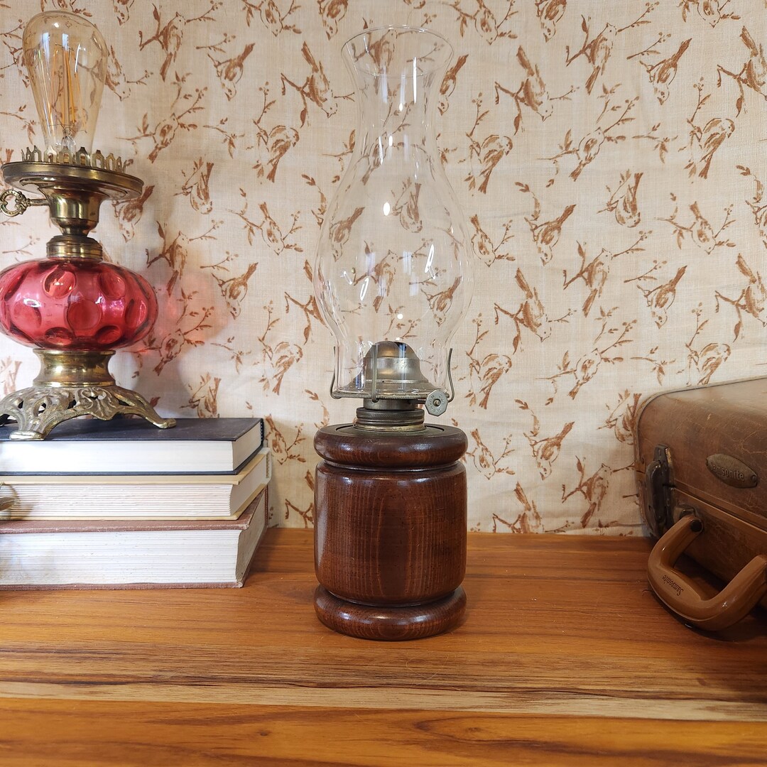 Vintage Wood Oil Lamp Kaadan LTD Hurricane Glass Table Lamp Etsy