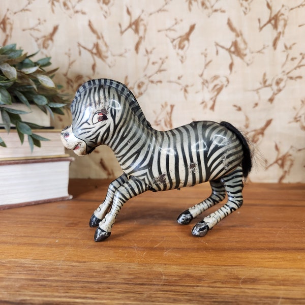 Vintage Wind-up Jumping Zebra Tin Toy Tin Litho