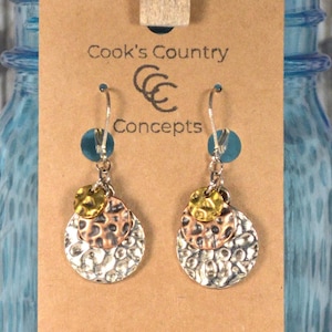 Multi-color Hammered Metal Circle handmade earrings with hypoallergenic lever back earring hoops