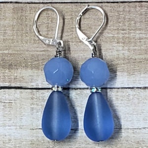 Light Sapphire Cultured Sea Glass Teardrop with a coordinating light blue glass textured round with hypoallergenic lever back earring hoops
